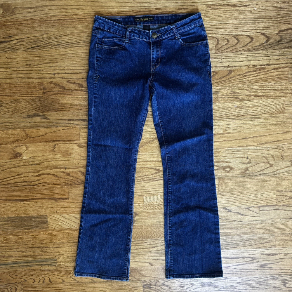 Southpole Jeans Denim Women's 9 Flare Dark Wash Gold Logo & Stitching Pockets‎